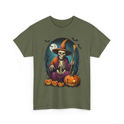 Halloween Pumpkin Skeleton Witch Tee, Spooky Unisex T-Shirt, Fall Season Shirt, Jack-O-Lantern Costume Top, Autumn Witch Theme Apparel