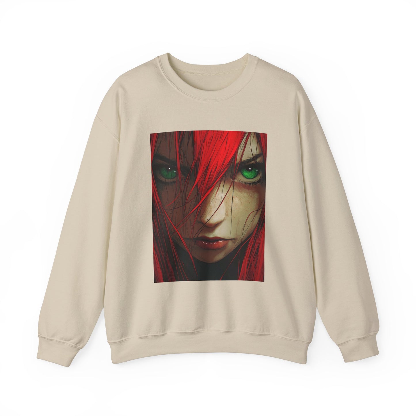 Red-Haired Anime Woman Crewneck Sweatshirt, Manga Style, Japanese Anime Gift, Green Eyed Anime Character, Asian Cartoon Apparel, Anime Fan