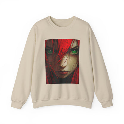 Red-Haired Anime Woman Crewneck Sweatshirt, Manga Style, Japanese Anime Gift, Green Eyed Anime Character, Asian Cartoon Apparel, Anime Fan