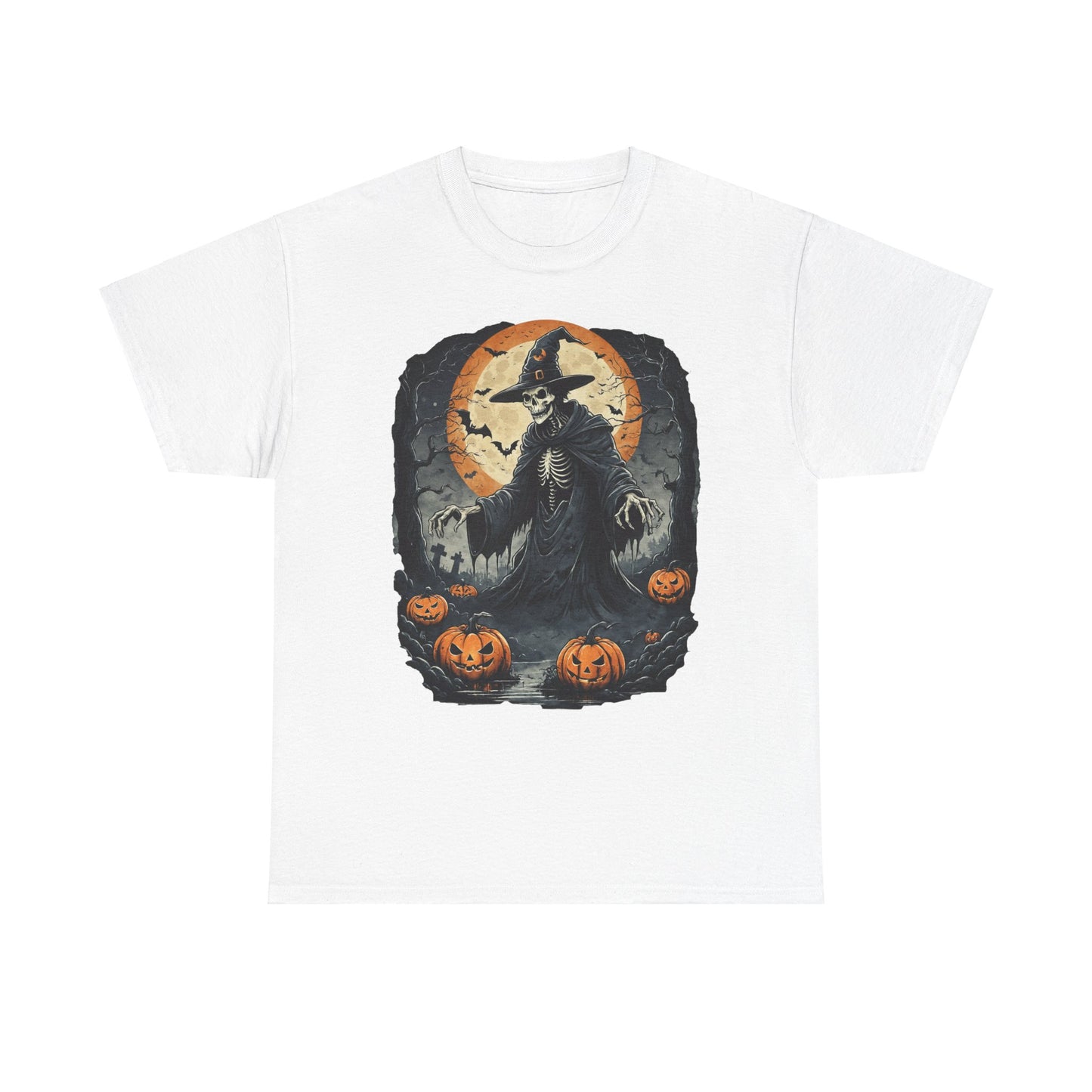 Halloween Pumpkin Skeleton Witch Tee, Spooky Unisex T-Shirt, Fall Season Shirt, Jack-O-Lantern Costume Top, Autumn Witch Theme Apparel