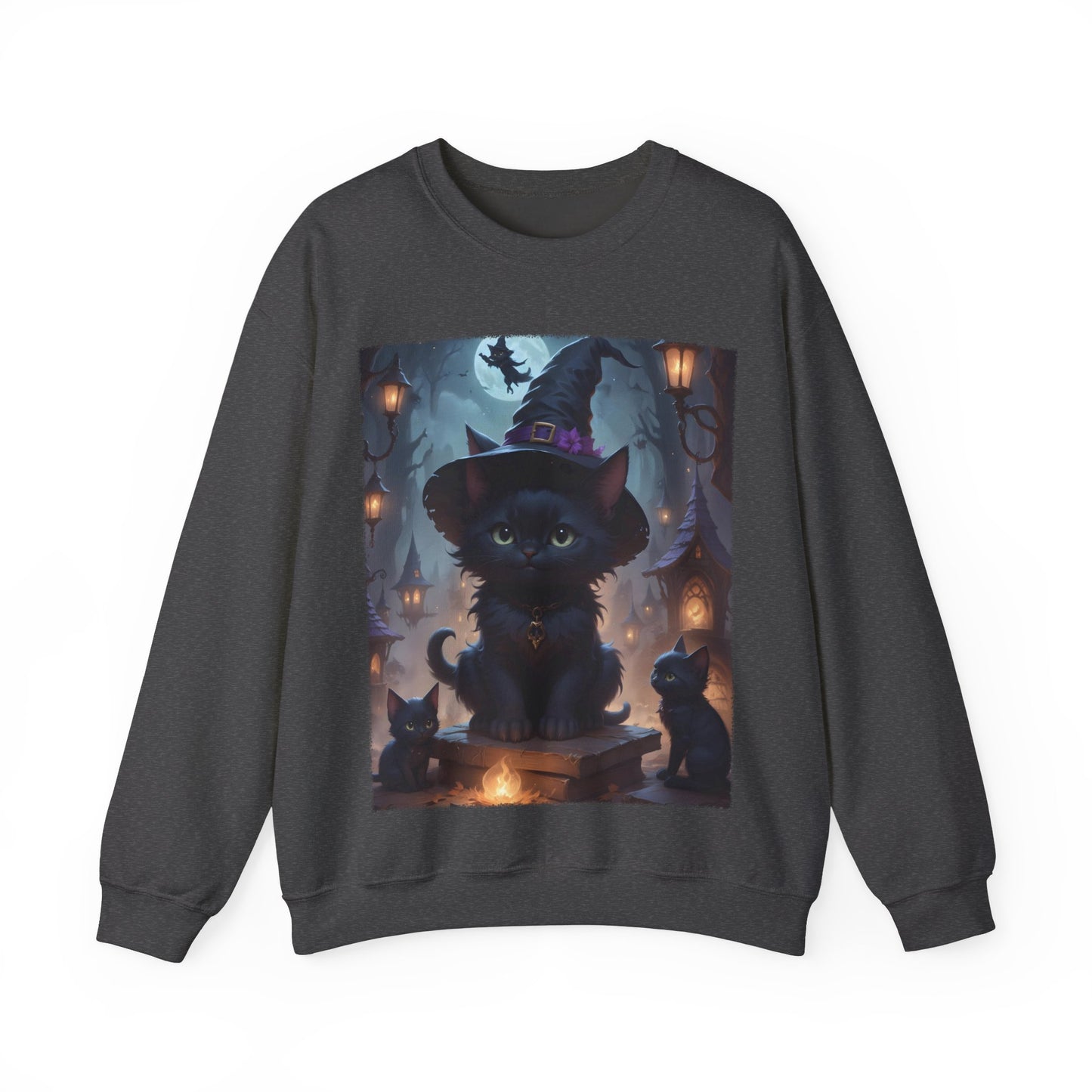 Halloween Fantasy Crewneck Sweatshirt, Cute Smiling Witch Kitten Adventure, Unisex  Sweatshirt, Halloween Costume, Halloween Gift, Witch Cat