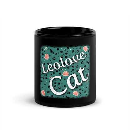 Black glossy mug leopard design "Leo Love Cat"