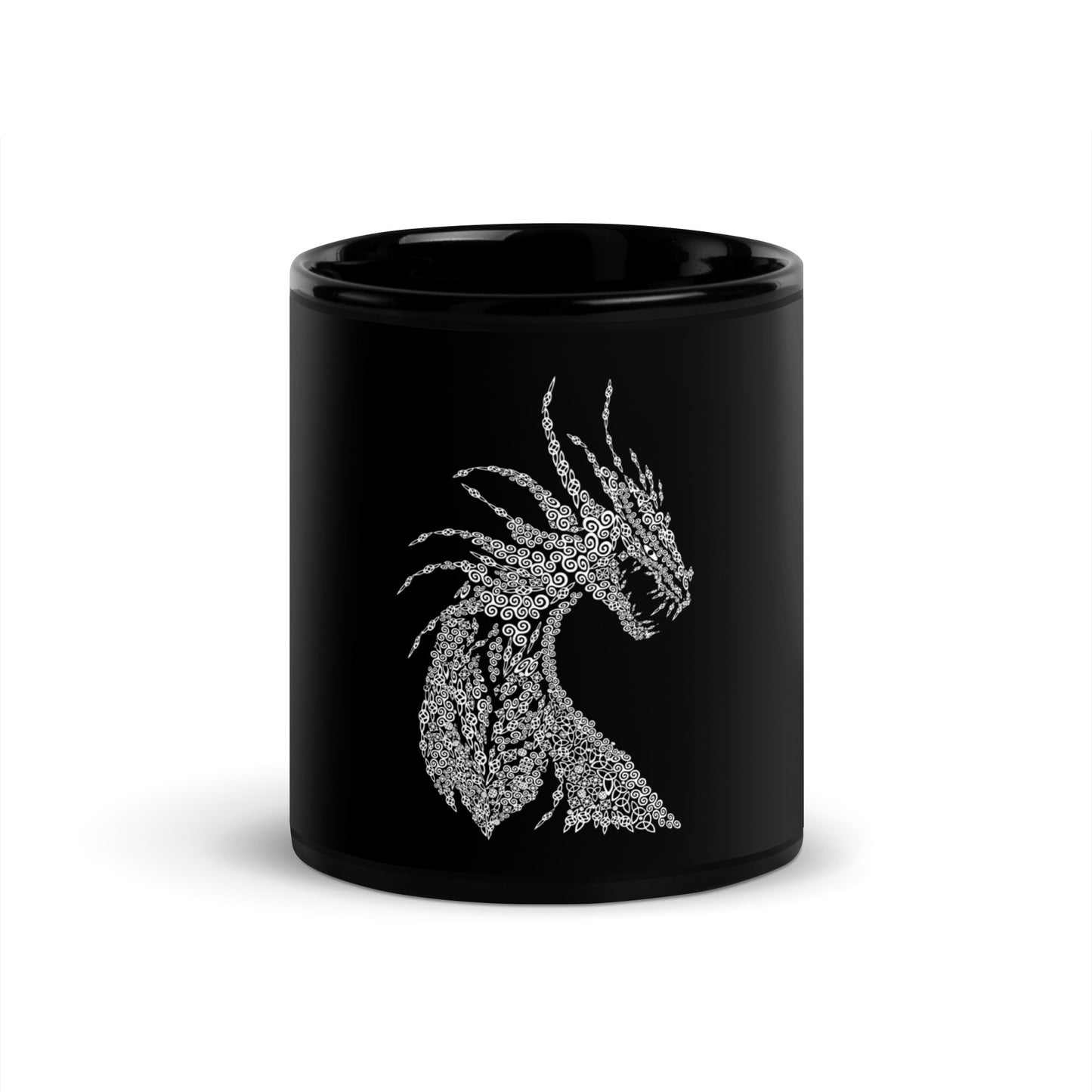 Schwarze glänzende Tasse "Drache mit nordischen Ornamenten Kalligraphie"