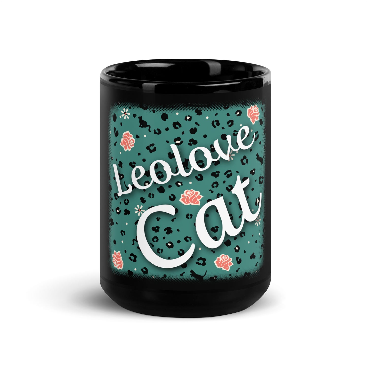 Black glossy mug leopard design "Leo Love Cat"