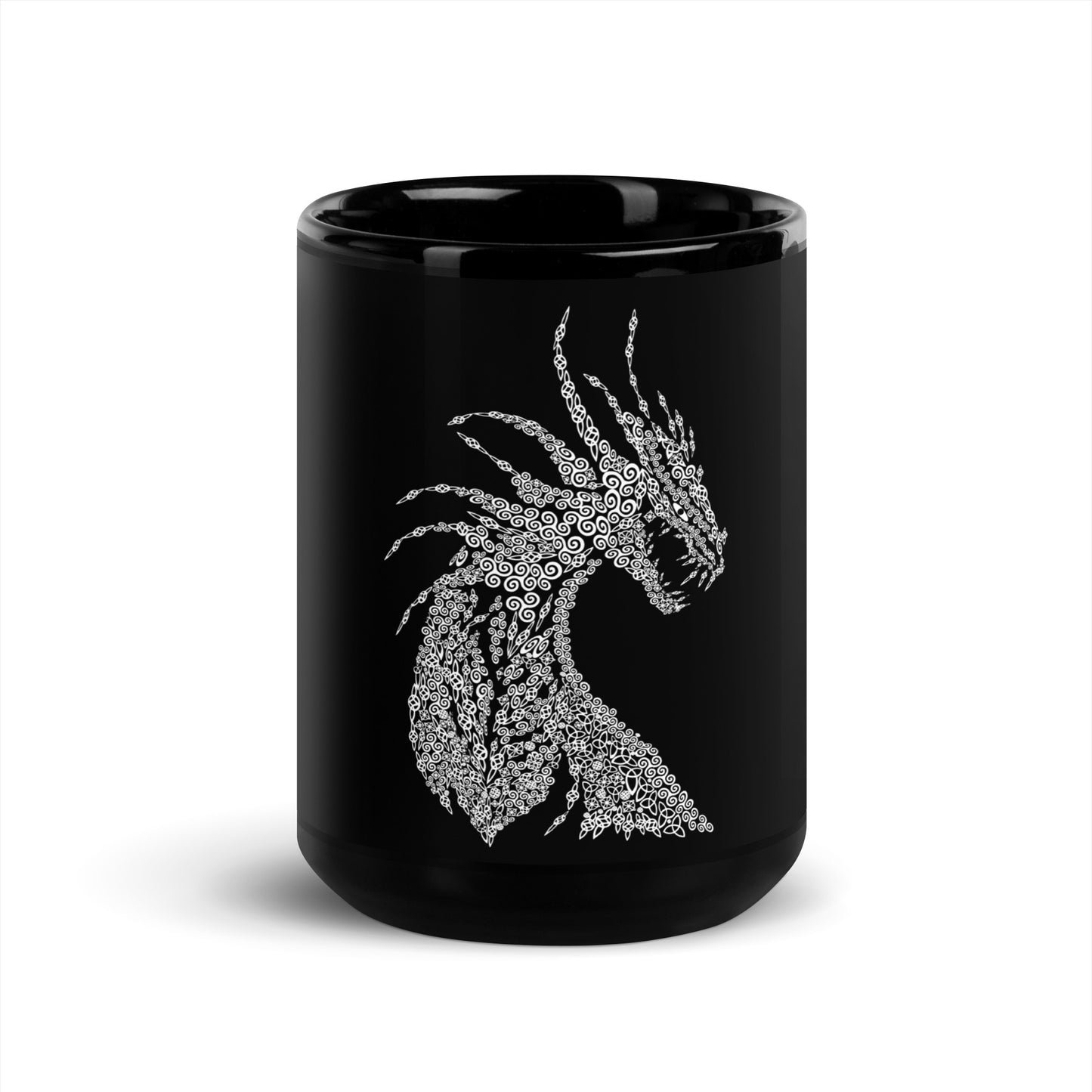 Schwarze glänzende Tasse "Drache mit nordischen Ornamenten Kalligraphie"