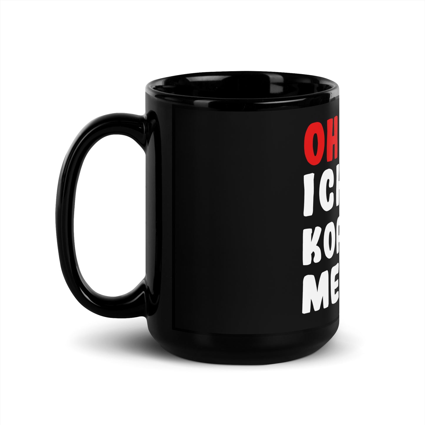 Schwarze glänzende Tasse "Oh man! Ich hab Kopfschmerzen!"