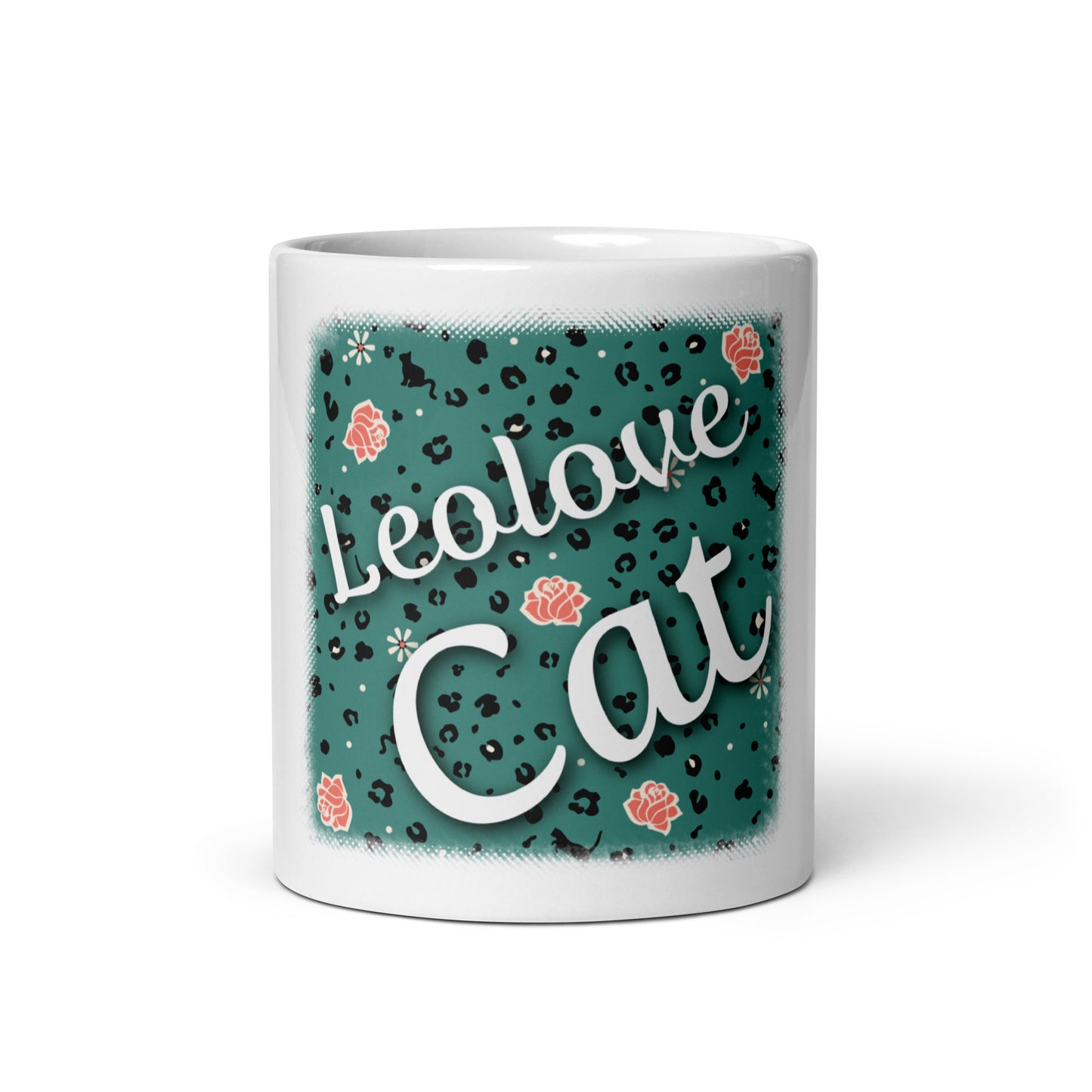 Weiße, glänzende Tasse Leoparden Design "Leo Love Cat"