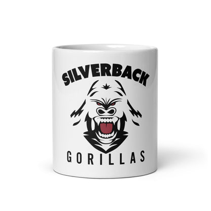 Weiße, glänzende Tasse "Silverback Gorillas"