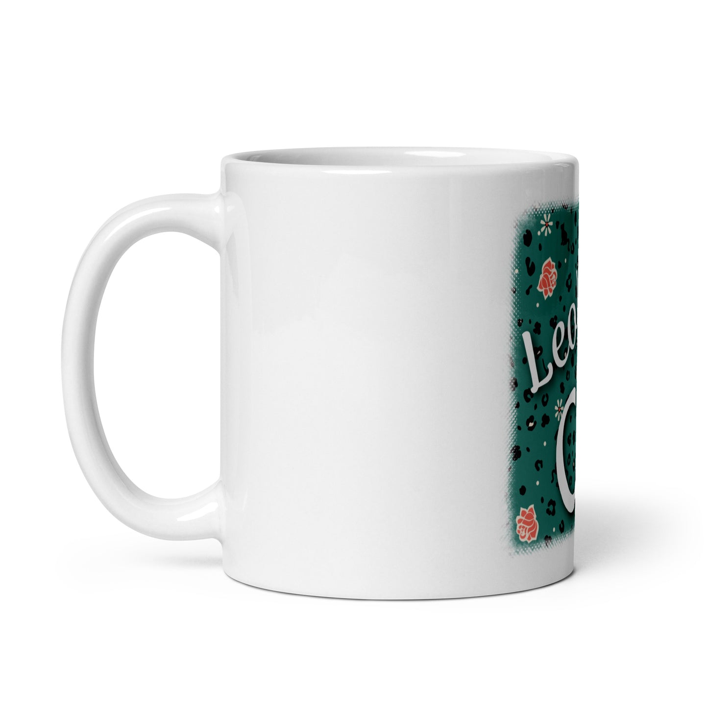 Weiße, glänzende Tasse Leoparden Design "Leo Love Cat"