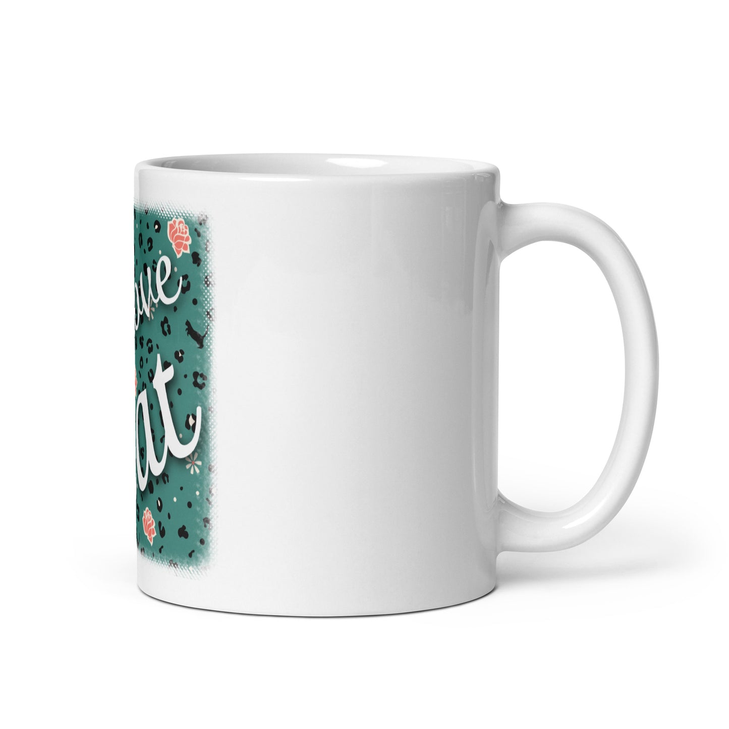 Weiße, glänzende Tasse Leoparden Design "Leo Love Cat"