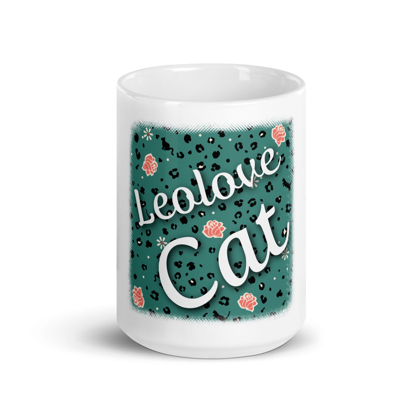 Weiße, glänzende Tasse Leoparden Design "Leo Love Cat"