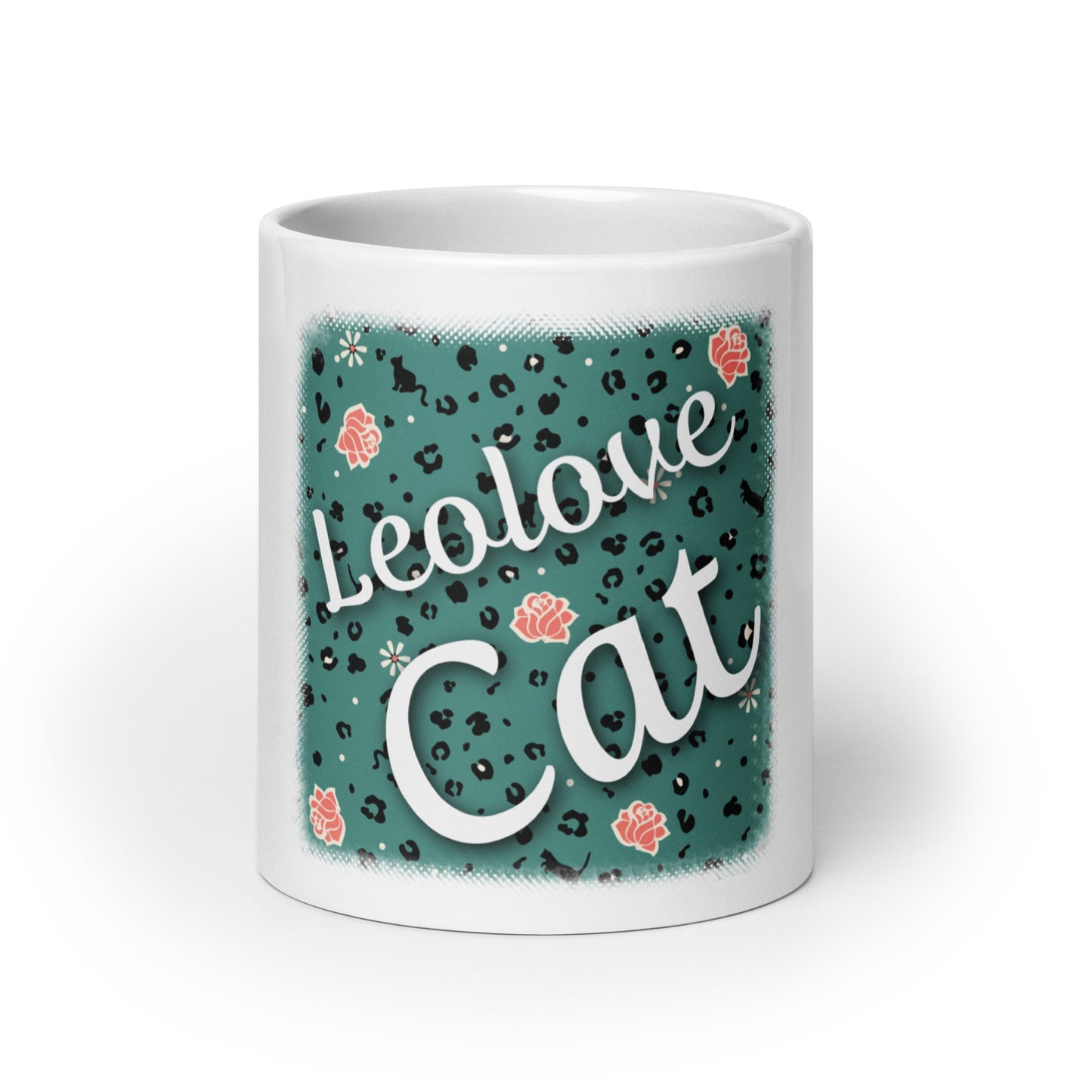 Weiße, glänzende Tasse Leoparden Design "Leo Love Cat"