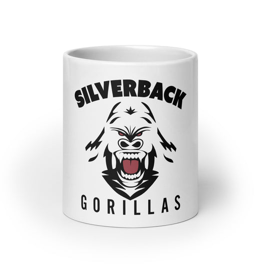 Weiße, glänzende Tasse "Silverback Gorillas"