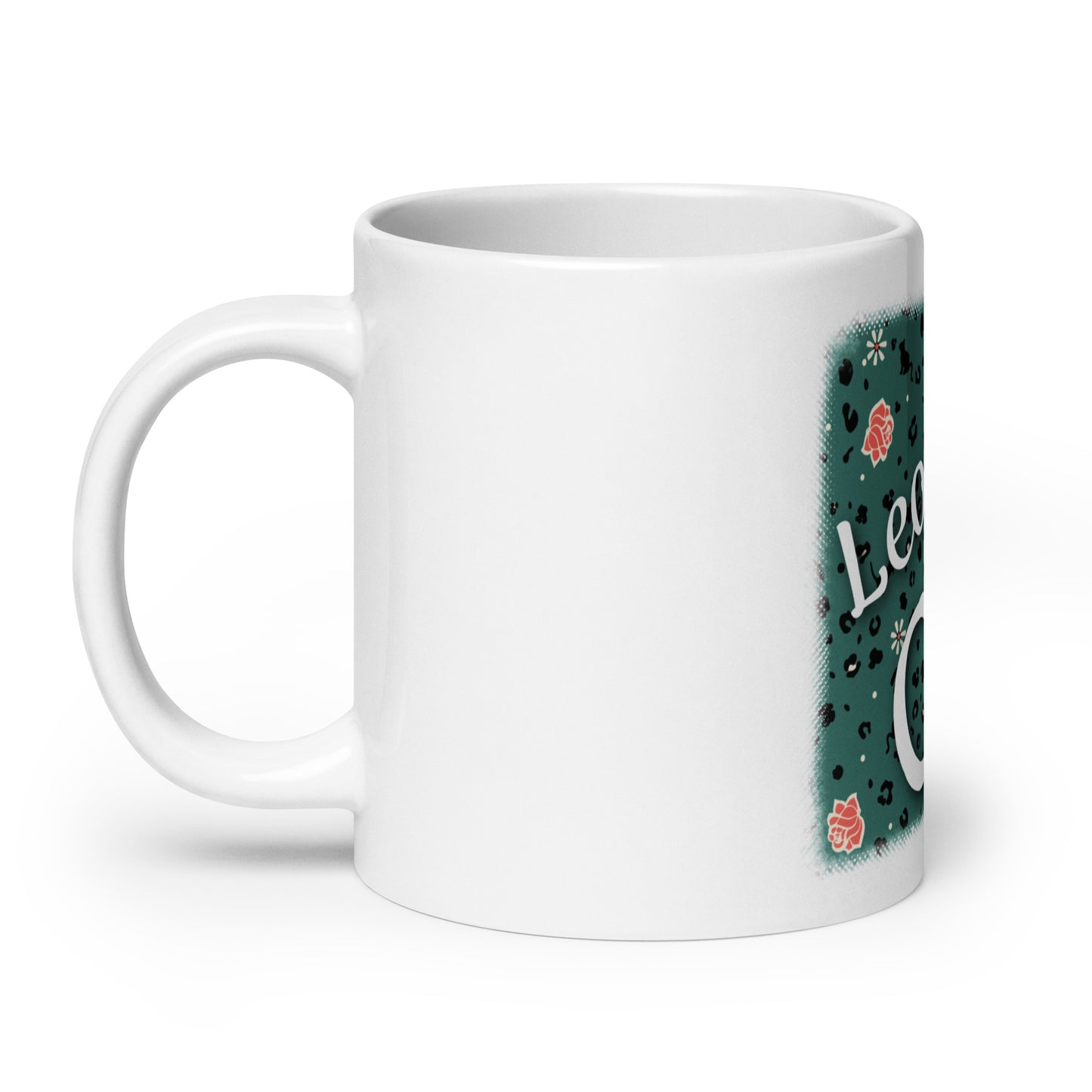 Weiße, glänzende Tasse Leoparden Design "Leo Love Cat"