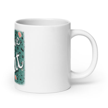 Weiße, glänzende Tasse Leoparden Design "Leo Love Cat"