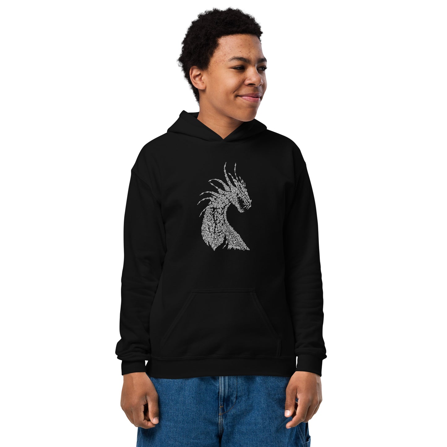 Heavy-Blend Hoodie für Jugendliche Drache mit nordischen Ornamenten Kalligraphie