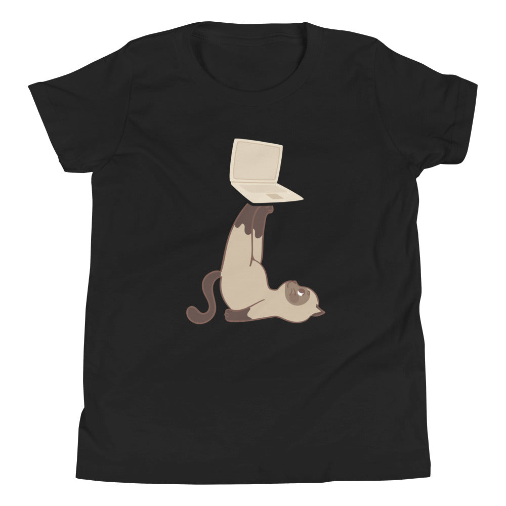 Kurzärmeliges T-Shirt für Kinder Katze mit Laptop