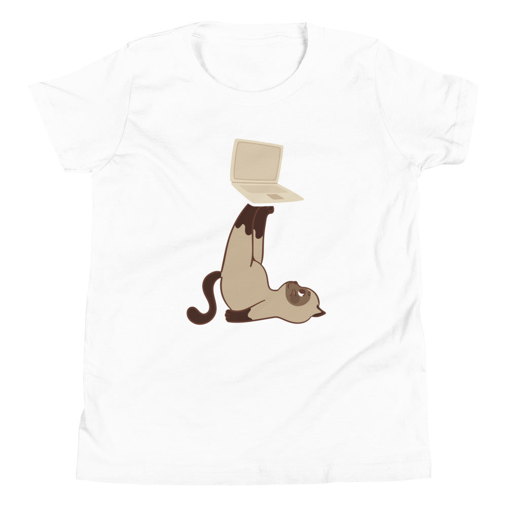 Kurzärmeliges T-Shirt für Kinder Katze mit Laptop